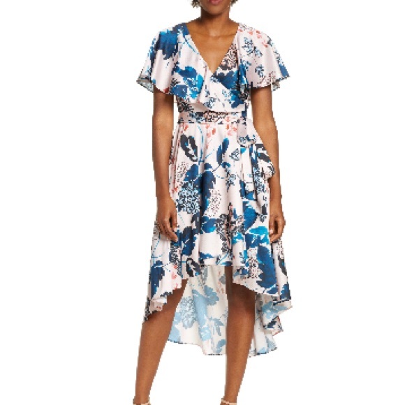 Eliza J, flutter high low faux wrap dress, size 8 - Picture 2 of 9